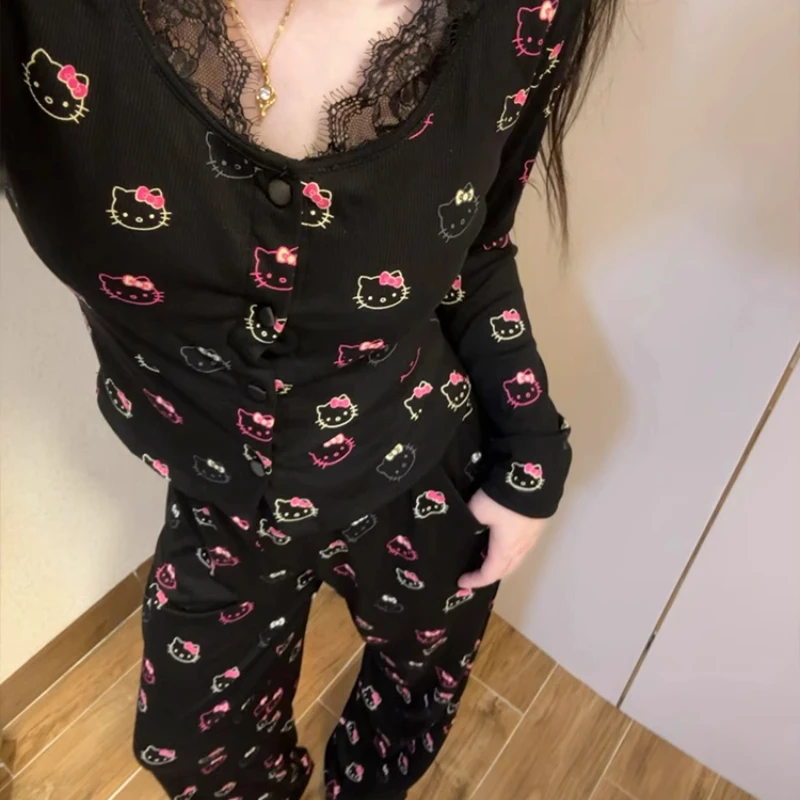 

2Pcs Sanrio New Hello Kitty T-Shirt Pants Sexy Pure Desire Lace Cartoon Black Padded for Women Spring Autumnr Fashion Snug Set