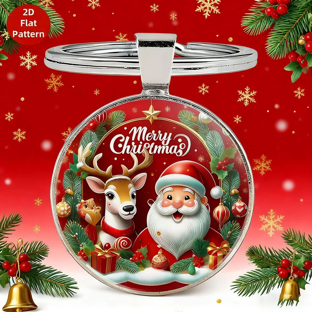 Festival 2D Flacher Weihnachtsanhänger Schlüsselanhänger Unisex Runde Schnalle Glas Schultasche Autoschlüssel Hängender Schlüsselanhänger Party Paar Zubehör