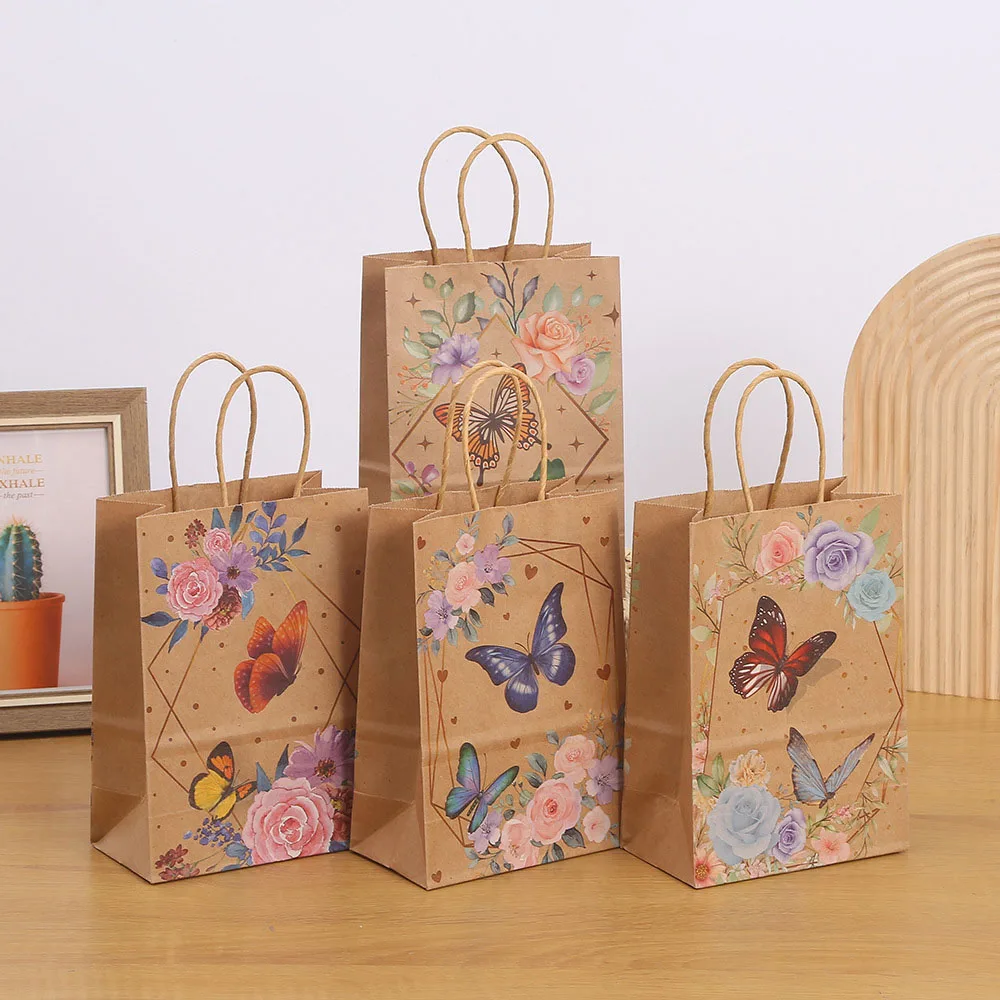 

12pcs Butterfly Print Kraft Paper Bags with Handle Cookie Candy Gift Bag Wedding Favor Bag Baby Shower Birthday Party Decoration