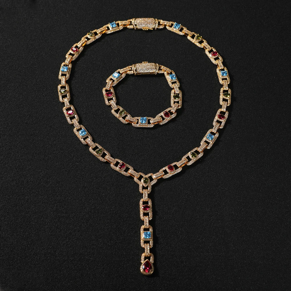 TBTK Cluster Mariner Chain Necklace Iced Out 5A+ Multi Color Cubic Zircon Gemstone Luxury Bracelet Hiphop Jewelry