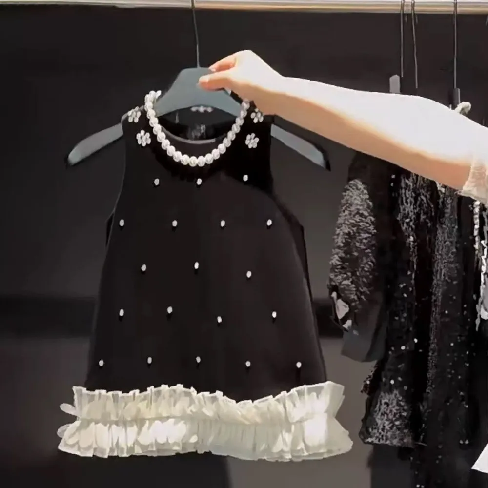 Korean Version Fashion Black Princess Party Outfit Round Neck Sleeveless Lace Vest with Pearl Decoration Summer New
