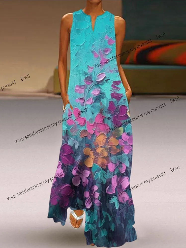 2023 sommer Neue Vintage Blume Gedruckt Lange Kleider Frauen Mode V-ausschnitt Lose Ärmelloses Kleid Casual Pendeln Vestidos Weibliche