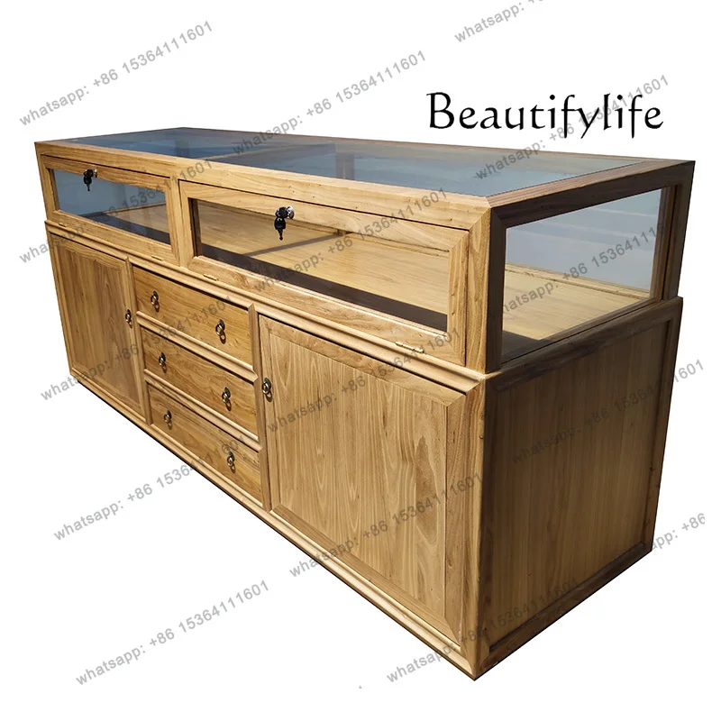 

Old Elm Jewelry Display Cabinet Jewelry Container Retro Display Cabinet Glass Zhongdao Counter