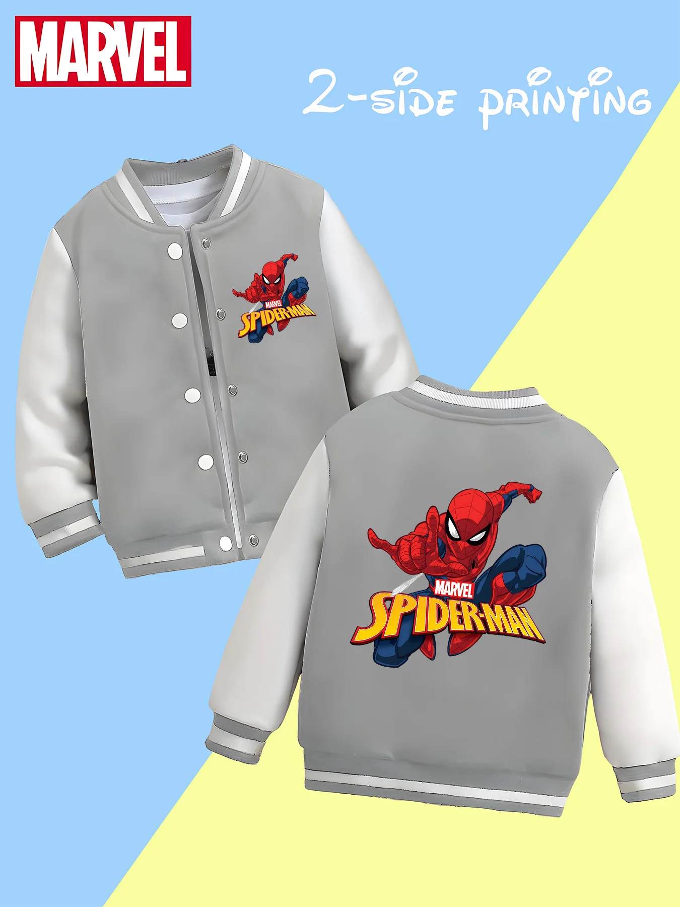 MINISO Marvel Boys' Baseball Jacket - Spider-Man Classic Battle Stance Double-Sided Pattern, Soft Fabric