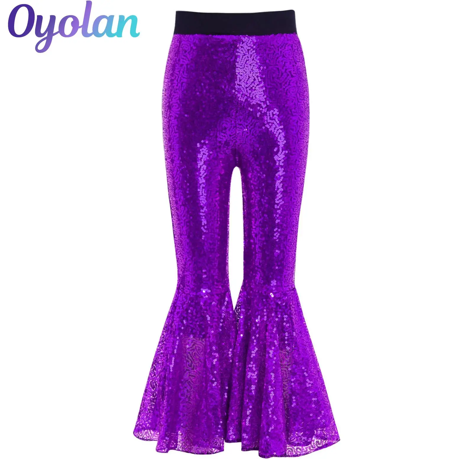 

Kids Girls Ballet Hip Hop Flared Pants Jazz Dance Performance Costume Glittery Sequins Elastic Waistband Bell-Bottom Trousers