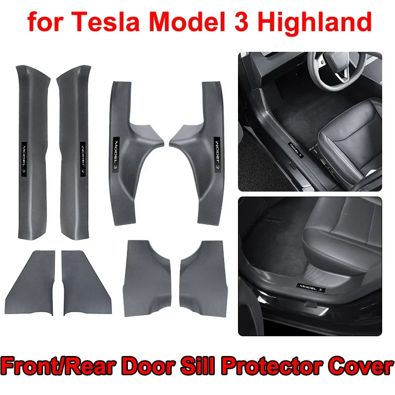 

for Tesla New Model 3 Highland 2024 Front Door Sill Protector Cover Rear Door Suede Protection Cover Carbon Fiber Pattern Parts