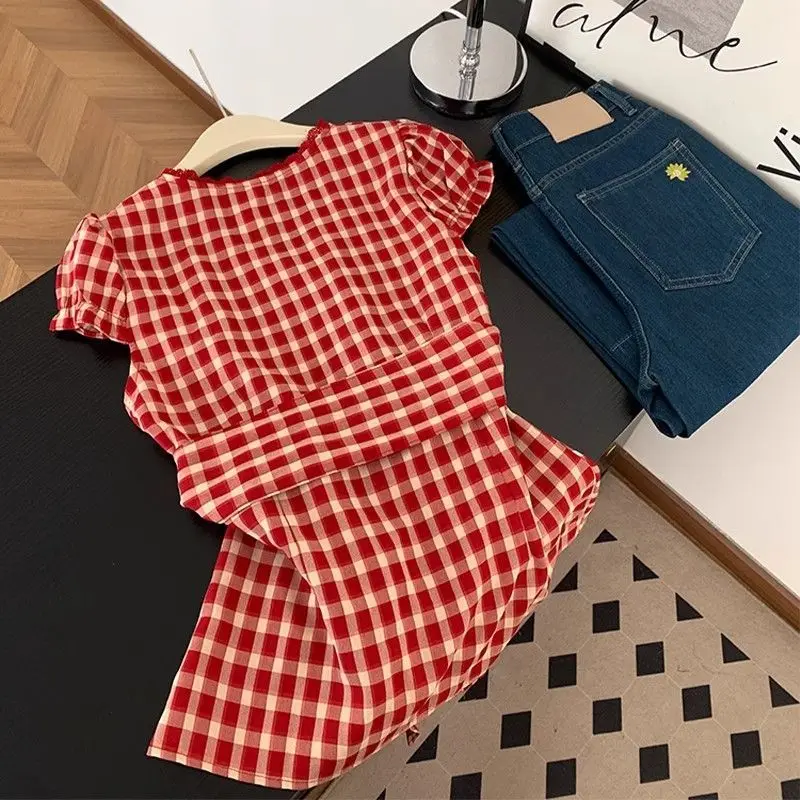 프랑스어 달콤한 격자 무늬 짧은 소매 셔츠 여성 여름 나비 넥타이 허리 슬리밍 크로프트 탑