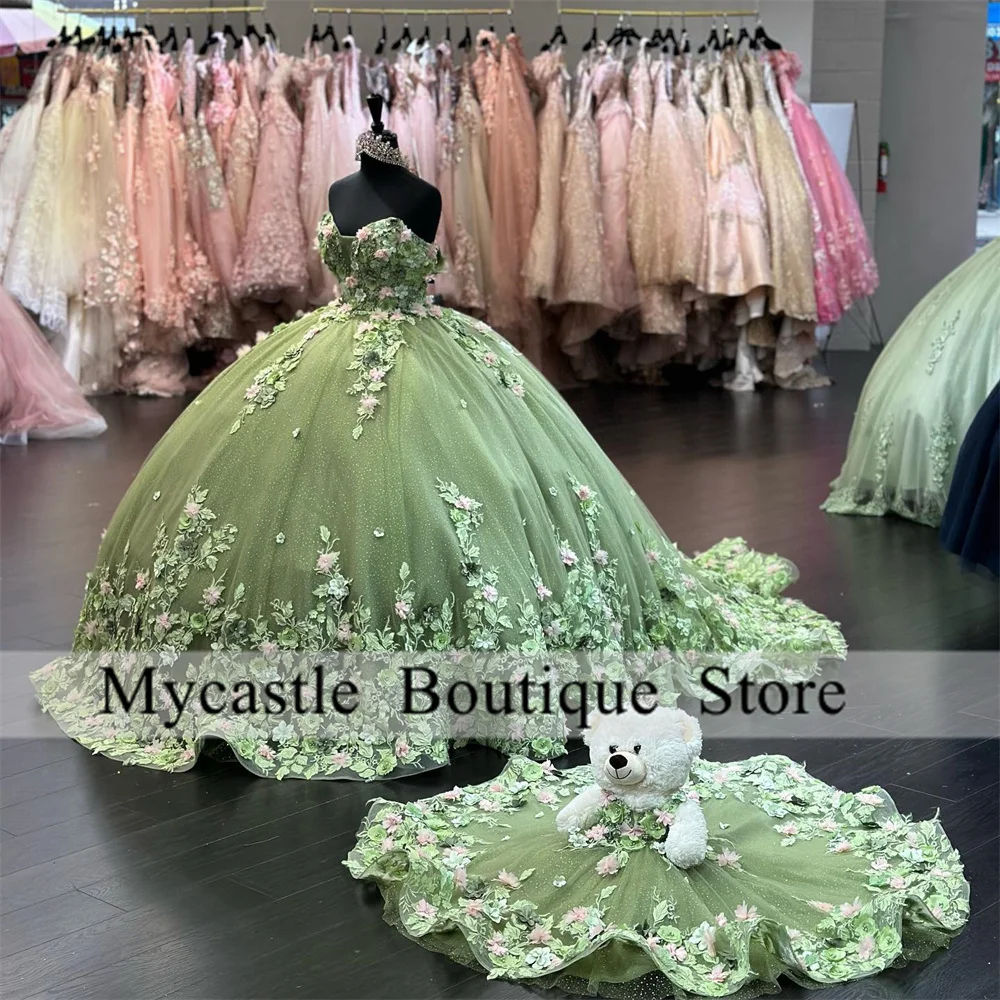 Vestido de fiesta de encaje verde Vestido para quinceañeras 2025 con escote corazón con cuentas Flor 3D Dulce 16 Vestido con cordones Vestido 15 Años personalizado