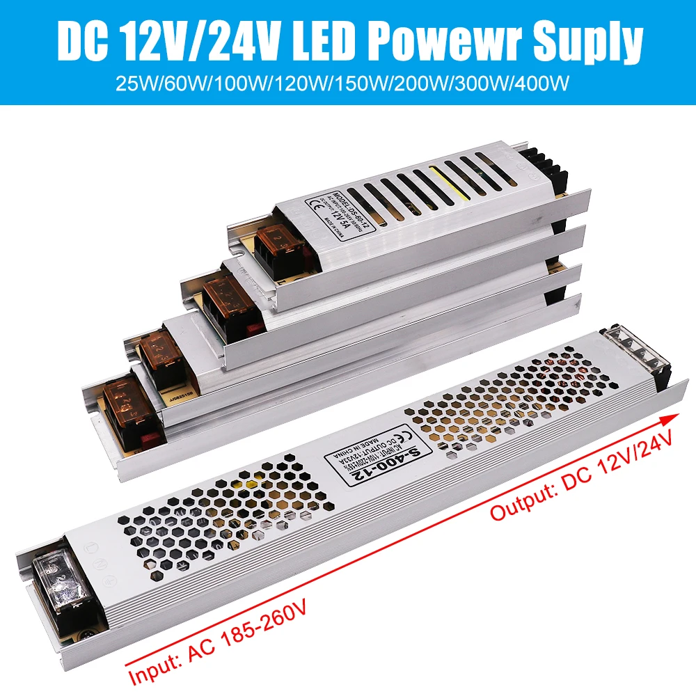 Trasformatori convertitore di tensione AC 180-260V a 12V 24V alimentatore 60W 100W 120W 150W 200W 300W 400W Driver LED per strisce LED