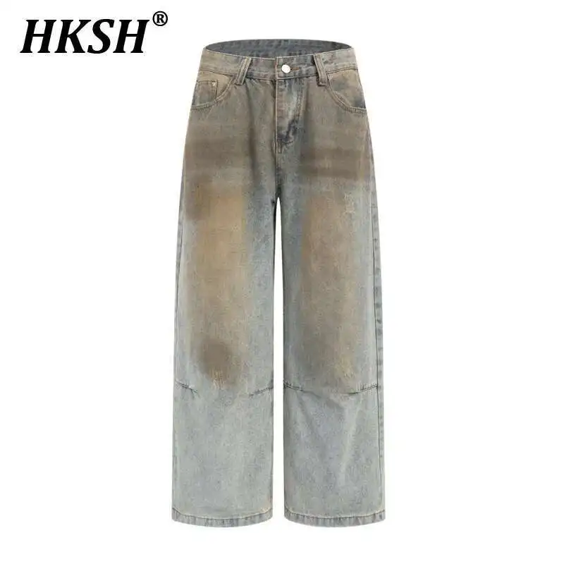 

HKSH Spring High Street American Washed Vintage Spray Painted Jeans Loose Wide Leg Denim Pants Trendy Men New Tide Women HK3949