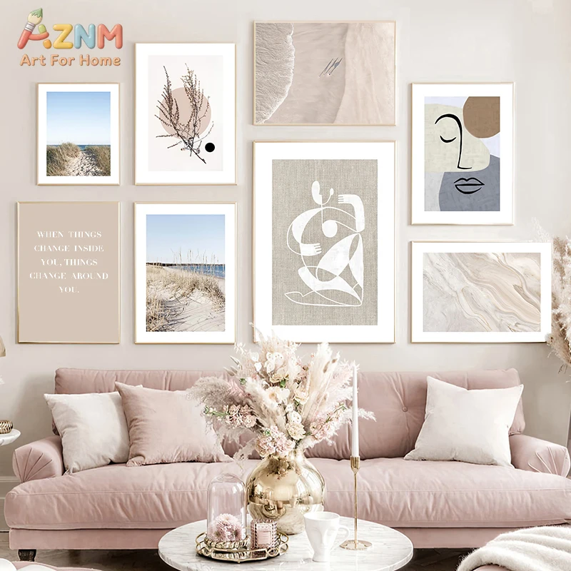 AZNM Neutral Boho Beach and Abstract Face Canvas Wall Art Print, Inspirational Quote Gallery Decor, No Frame