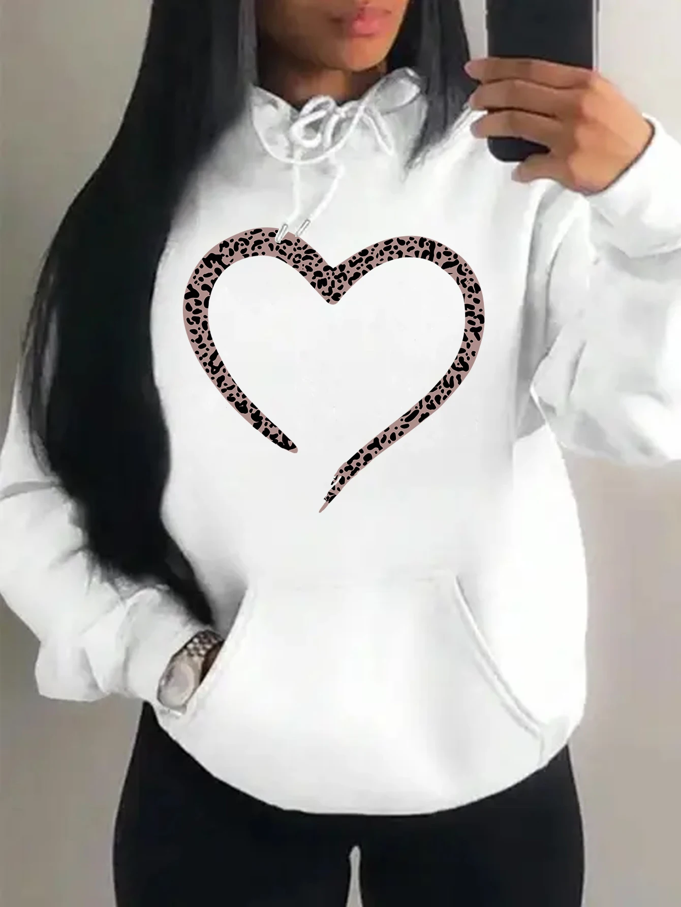 Leopard Print Heart Creative Printing Women Hoody Fashion Multicolor Hoodies Casual Street Pullover Fleece Pocket Female Tops