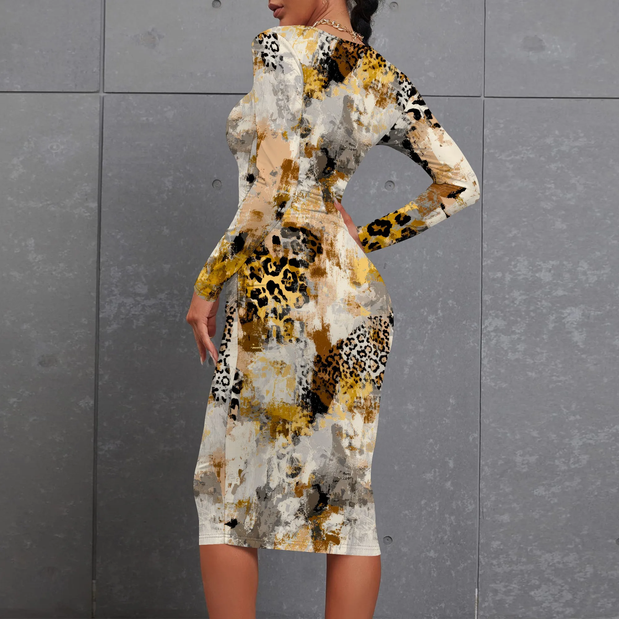 Women's Long Sleeve Bodycon Dress - Knee Length Midi Spring Fall Club Party Fitted Tight Pencil Dresses