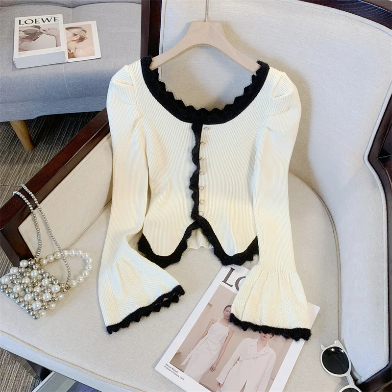 

Свитера Джемперы Кардиганы Женские укороченные Y2K Лиоцел Микс Кружевная отделка Приталенная линия Вечерние Шикарный Женский Милый Довольно Элегантный Повседневный