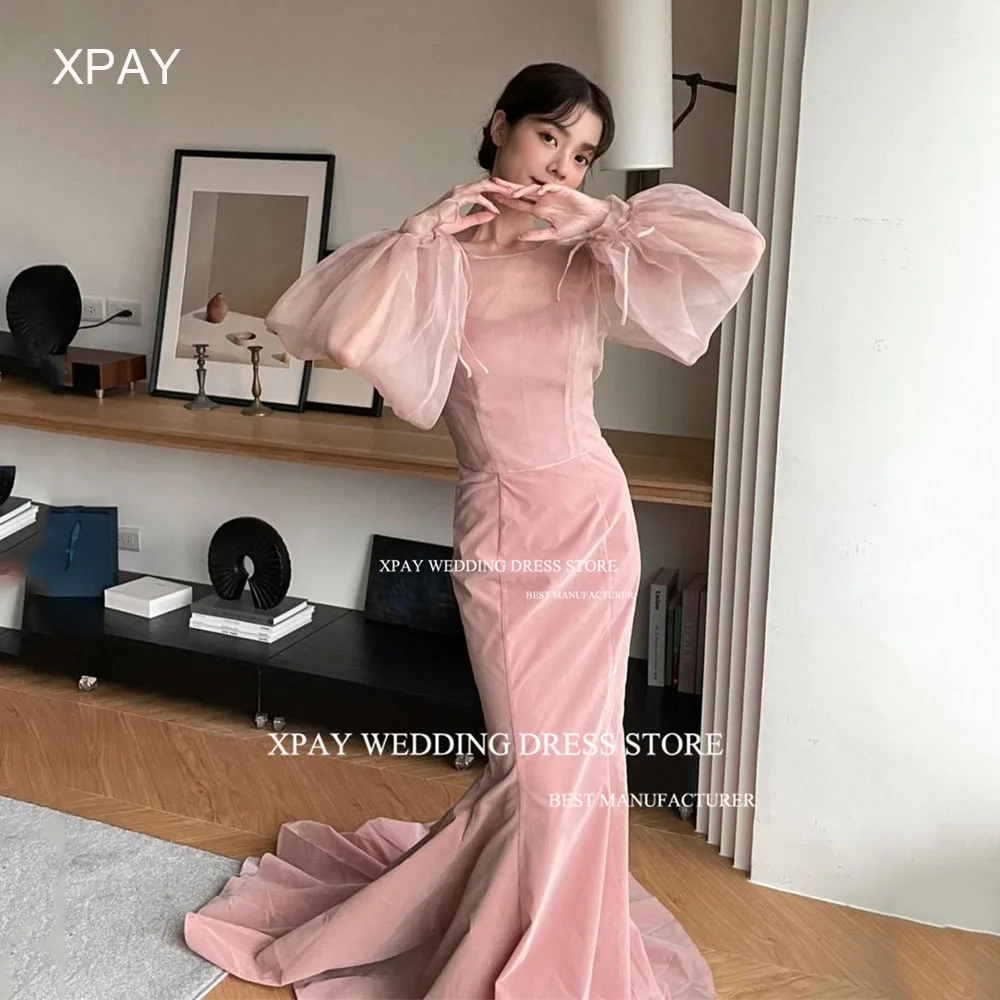 

XPAY Blush Pink Korea Mermaid Evening Dresses Wedding Photos Shoot Organza Long Puff Sleeve Custom Floor Formal Party Prom Gowns