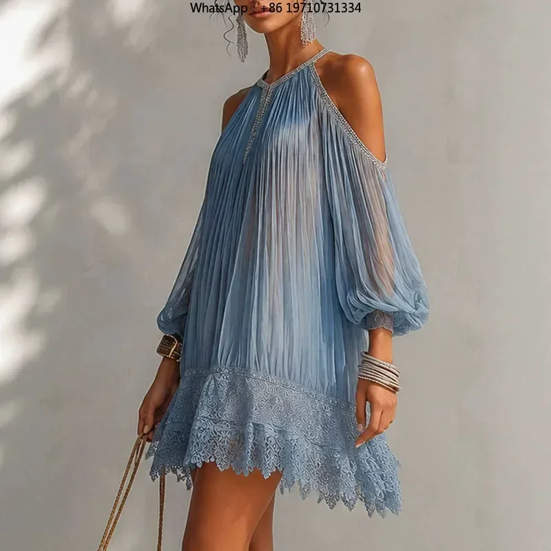 Women Sheer Pleated Mini Dress Lace Hem Loose Bohemian Summer Beach Vacation Sundress