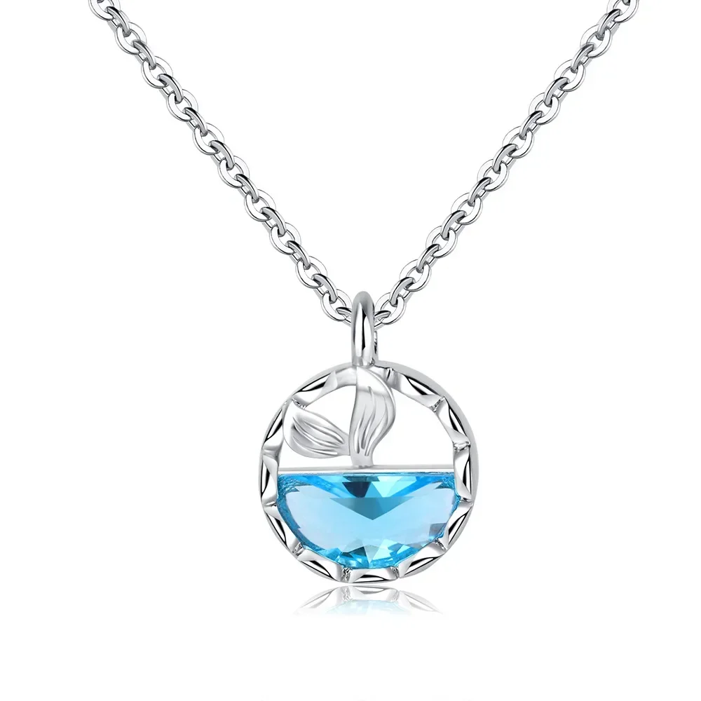 S925 Sterling Silver Women's Mermaid Blue Gemstone Pendant Necklace (40cm + 3.5cm) On Luxury Jewelry