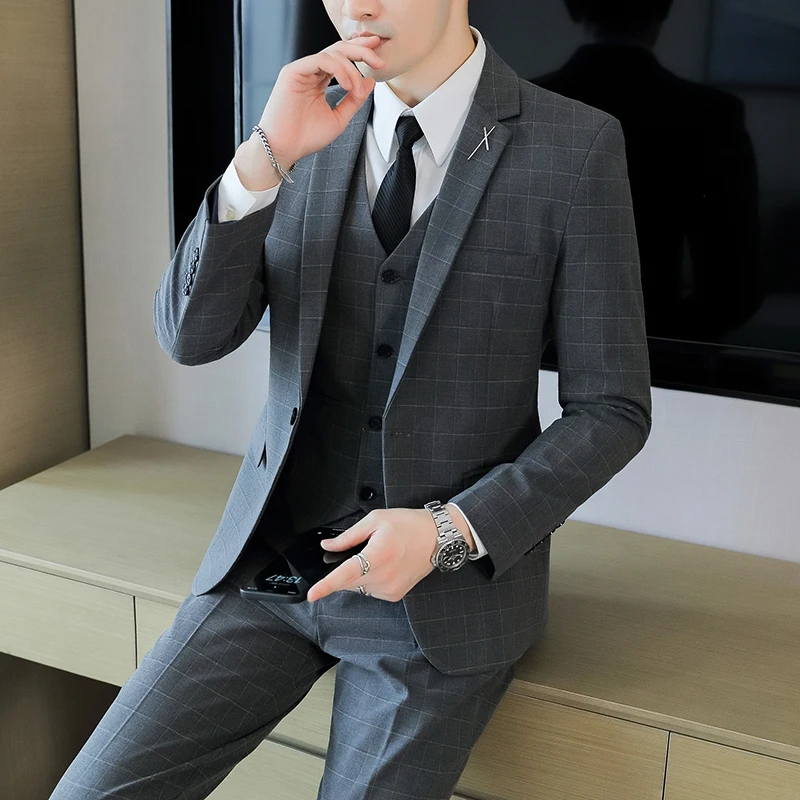 2024 new high-quality plaid suit (suit + vest + trousers) Business fashion handsome wedding casual three-piece set