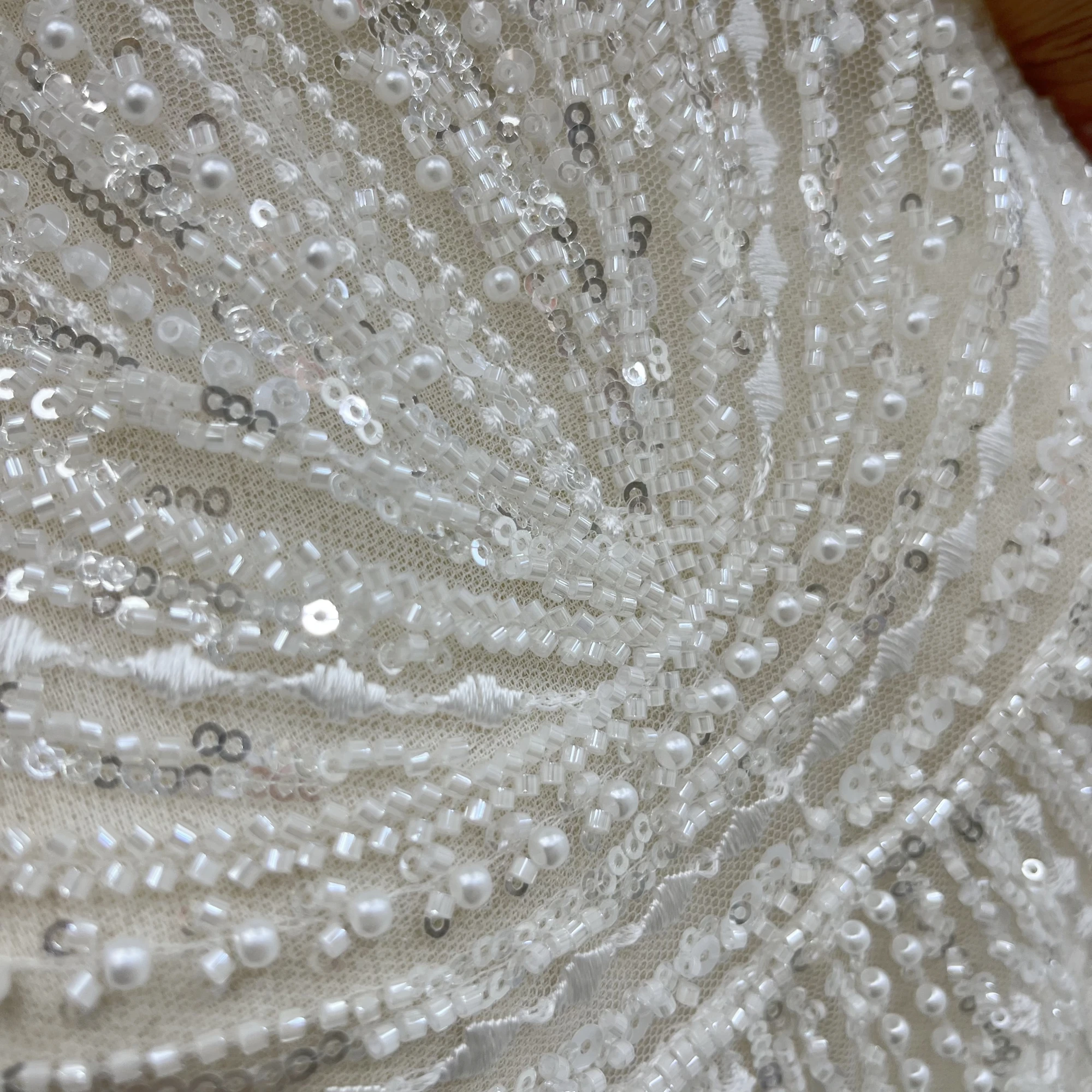 Luxury Delicate Lines Sequins Beads Lace Embroidery Wedding Dress Lace Fabrics