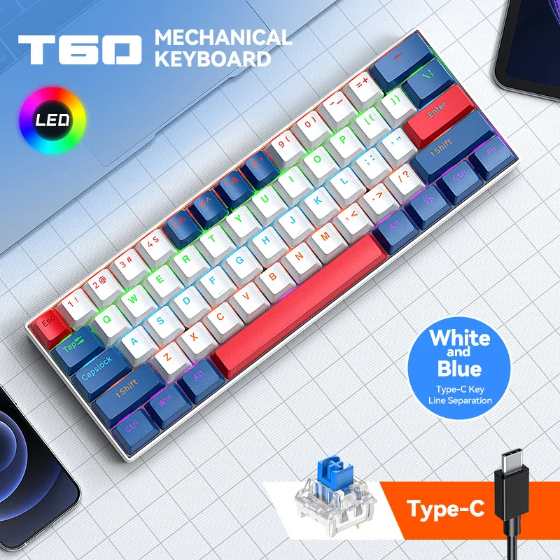T-WOLF T60, mechanisch toetsenbord met Type-C-aansluiting, volledig uitwisselbare toetsen, toetsenbordontwerp met afzonderlijke toetsen, toetsen met gemengde kleuren, RGB-verlichting.