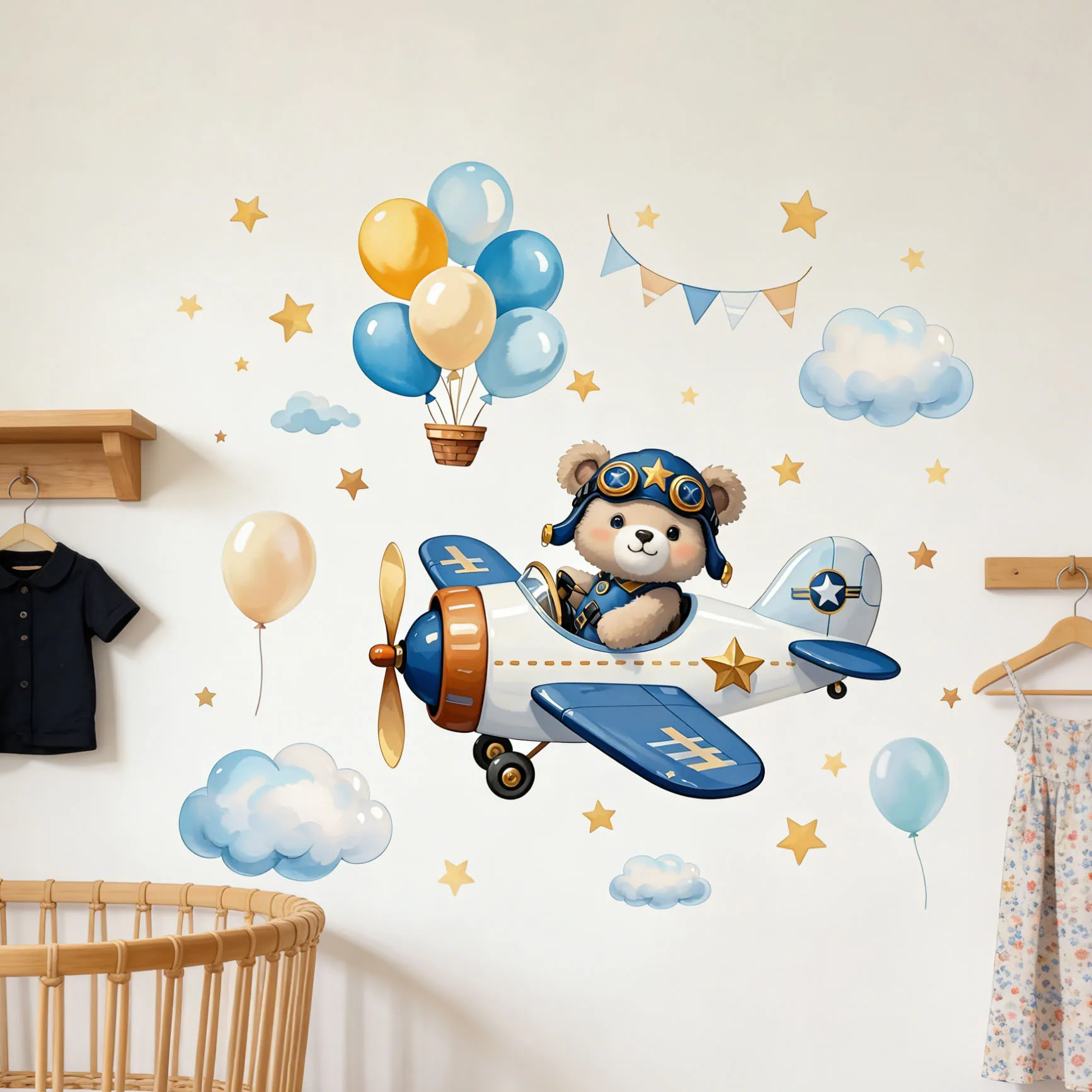 Cute Blue Pilot Bear Wall Stickers, Teddy Bear in Airplane with Balloons & Clouds Decals for Nursery
