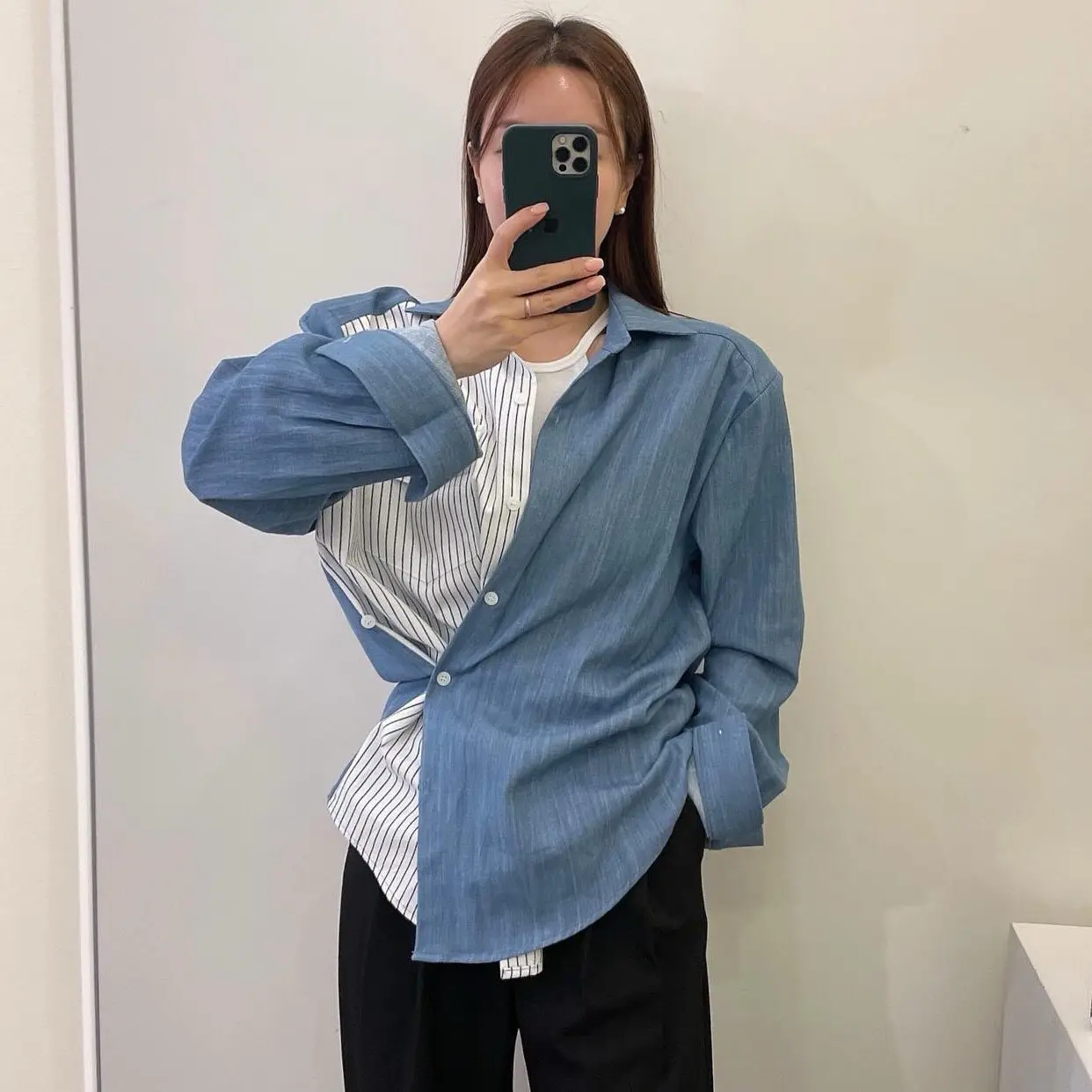 

East Gate Women's Casual Striped Color Blo irt Korean Sle Loose Fit Long Sve Polyester Fiber Faion Spring Summer