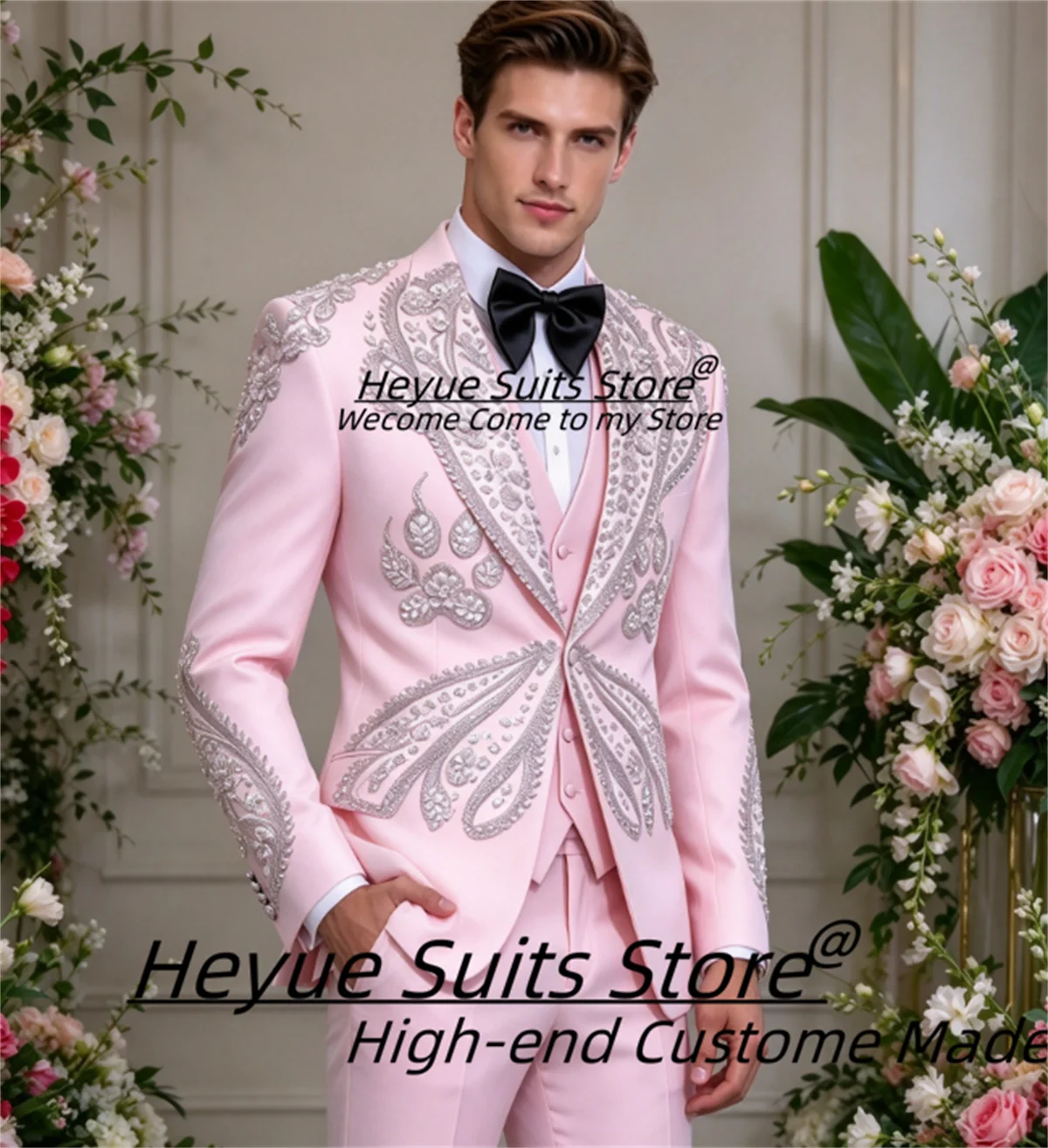 Handsome Foemal Pink Men Suits Customied Silver Rhinestone Embroidery Peak Lapel Groom Wedding Tuxedos 3 Pcs Sets Costume Homme
