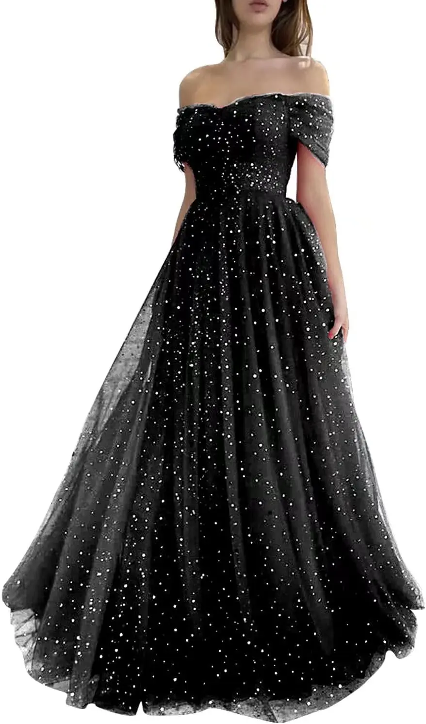 

Блестящие тюлевые платья для выпускного вечера для женщин с открытыми плечами, плиссированные вечерние платья, вечернее платье, женское элегантное роскошное платье