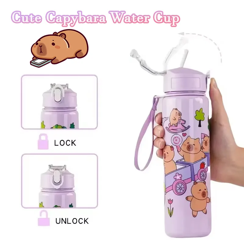 Capybara Leak-Proof Water Bottle Visually Appealing Bear Water Bottle with Carry Strap - Portable for Sports & Fitness BPA Free