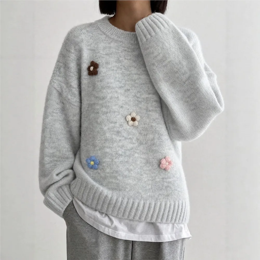 Women's Clothing Loose Knitwear New Long Sleeve Round Neck Floral Sweater Top All-match Pullover Simple Style Comfortable Trendy