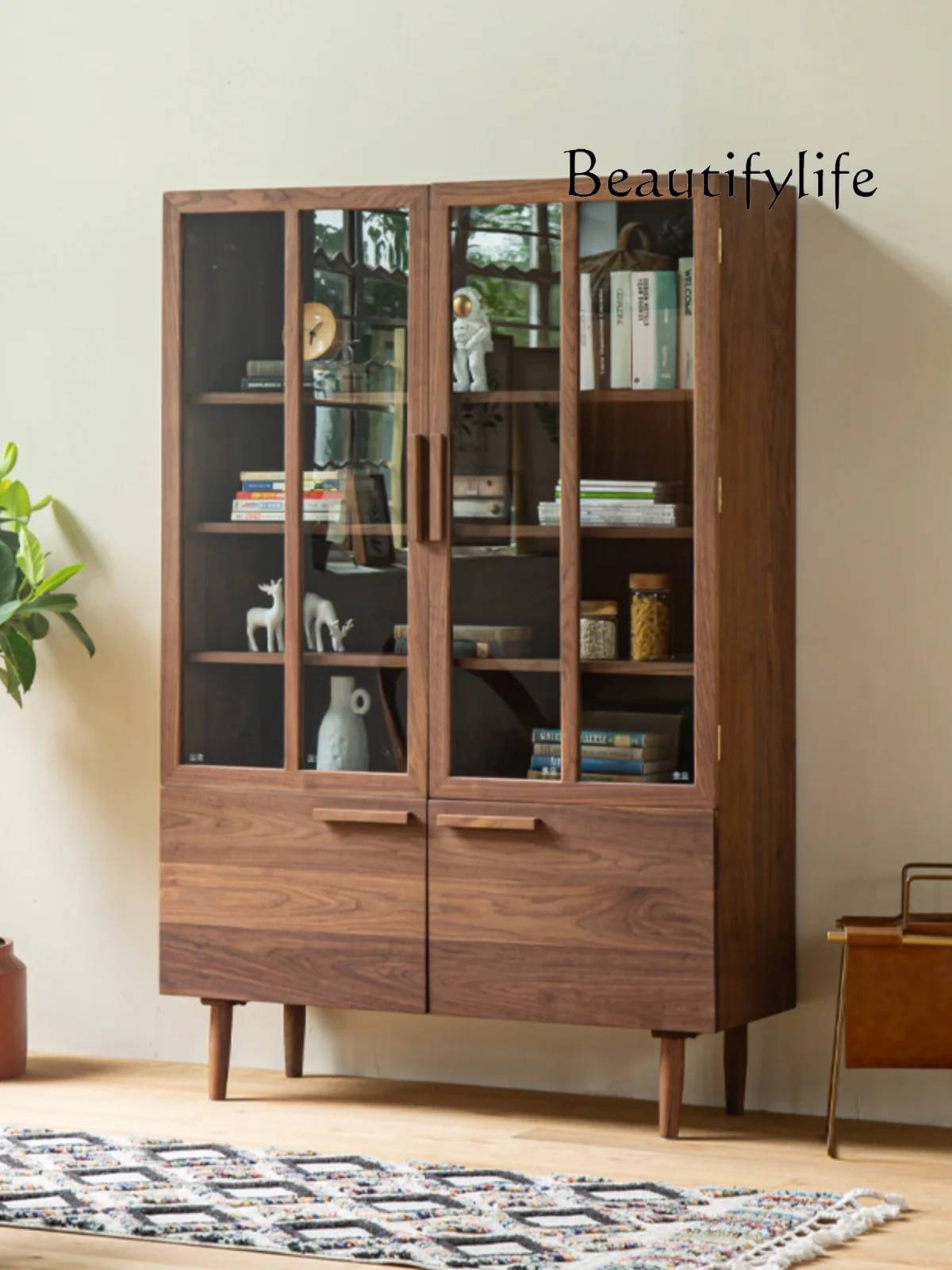 

North American black walnut bookcase with glass door partition storage cabinet minimalist natural wood balcony bookshelf