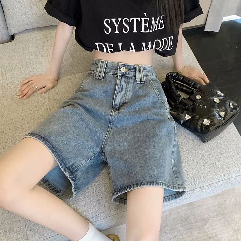 

High Waist Straight Leg Denim Shorts Women's Summer Thin Large Size Loose Slimming Design Sexy Girl Jeans Shorts