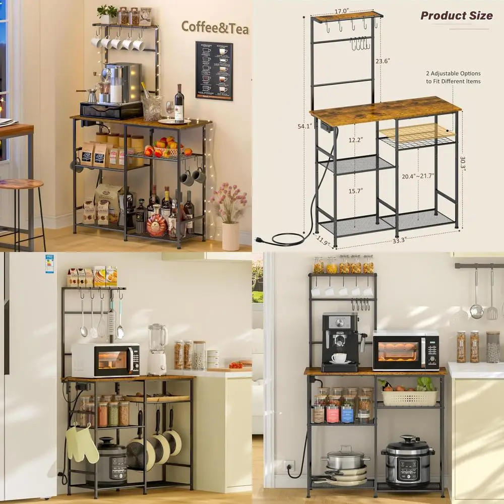 

6-Tier Coffee Station, Microwave Stand with 10 Hooks, 3-Tier Spice Rack, Rustic Brown Kitchen Storage