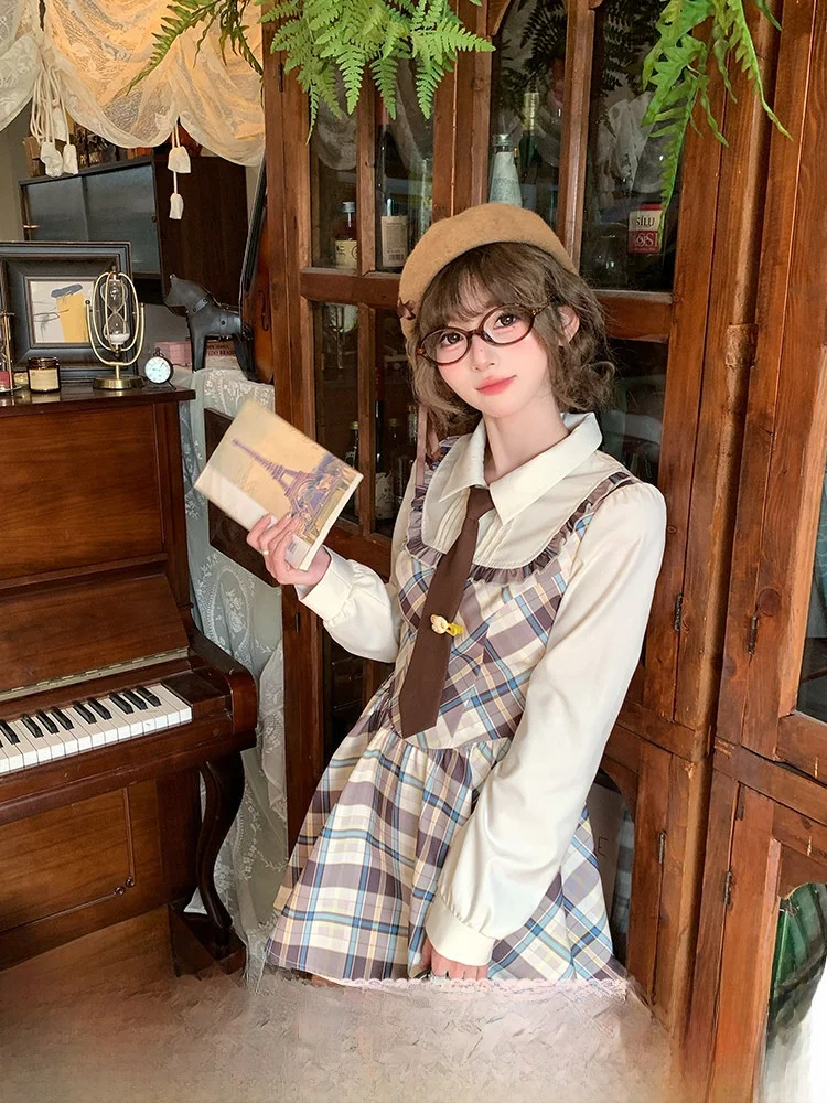 

Academy Style Plaid Fake Two-Piece Dress Women Spring Long Sleeve Gathered Short Skirt Polyester Fiber Loose Fit A-Line Skirt