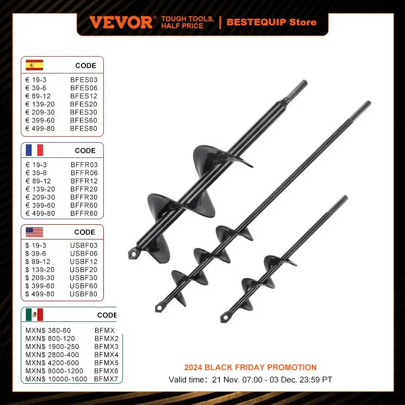 VEVOR Auger Drill Bits Garden Auger Drill Bit Spiral Drill Bit for Post Hole Digger Bulbs Planting & Holes Digging for Planting