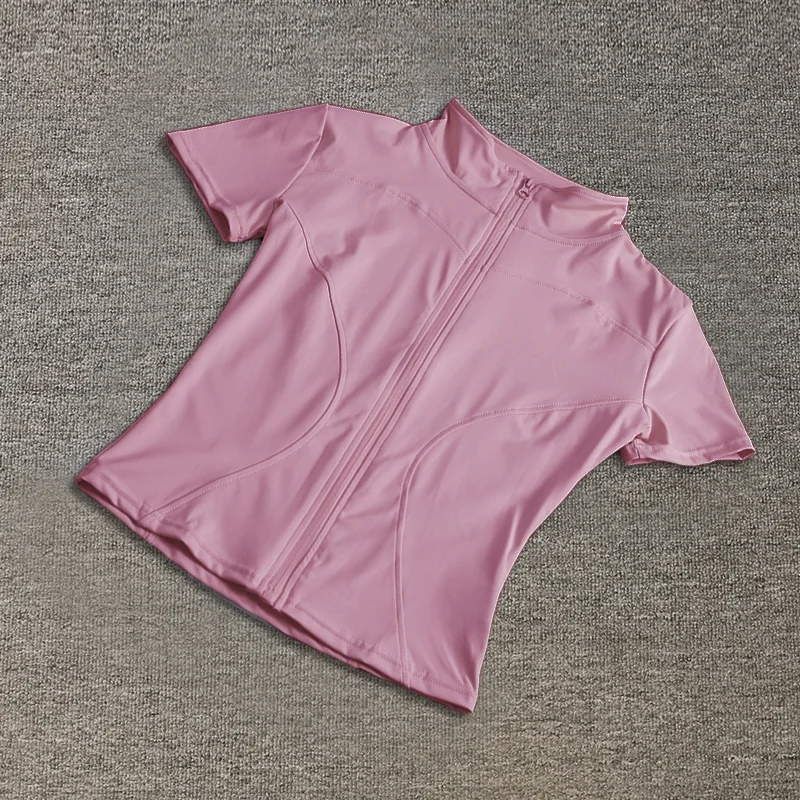 Summer High Quality Waist Slimming Training Tops Women's Quick-drying Tight Stand Collar Full Zipper Short Sleeves Yoga shirts