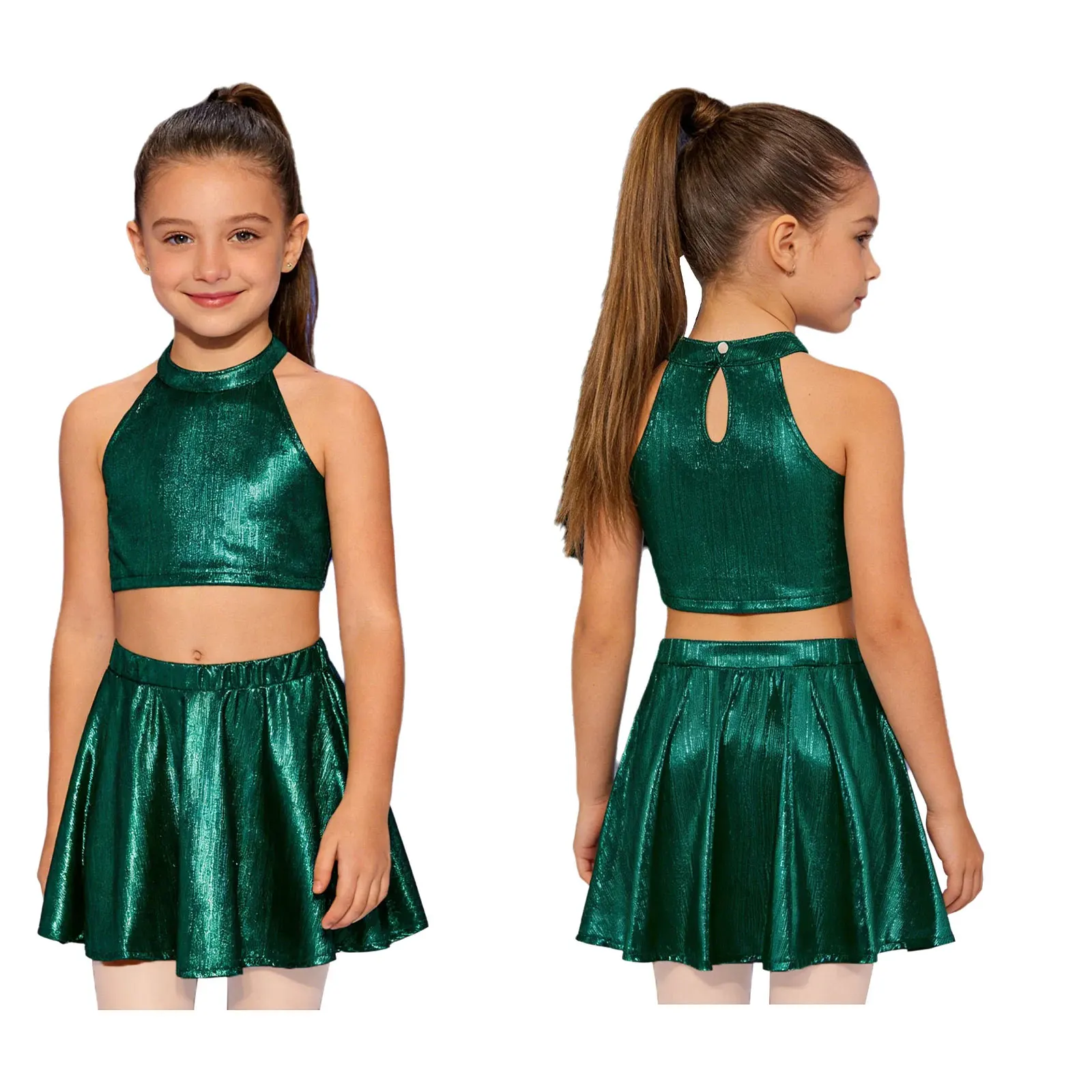Kids Girls 2-piece Metallic Ribbed Dance Outfit Sleeveless Vest with Elastic Waistband Skirt for Cheerleading Chorus Performance