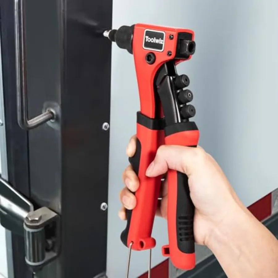 헤비 듀티 원핸드 리벳 건 키트 (리벳 200개, 공구 없이 교체 가능한 헤드 4개, 금속 및 목재용 드릴 비트 4개 포함)