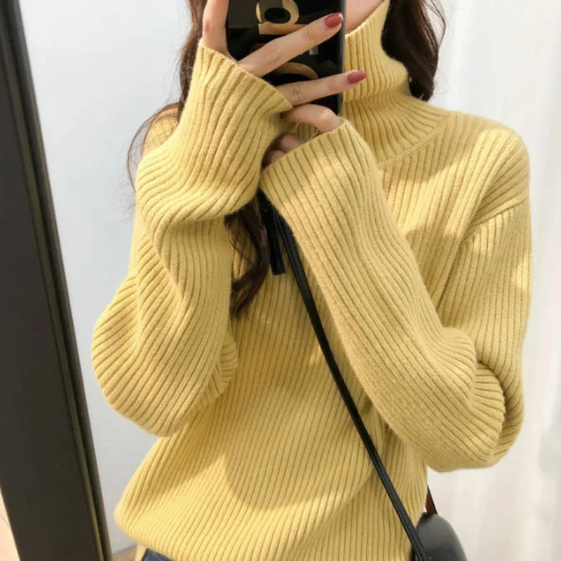 Commuting Style Sweater Cozy Women\'s Turtleneck Sweaters Stylish Ribbed Knitwear for Autumn Winter Loose Fit Long Sleeve
