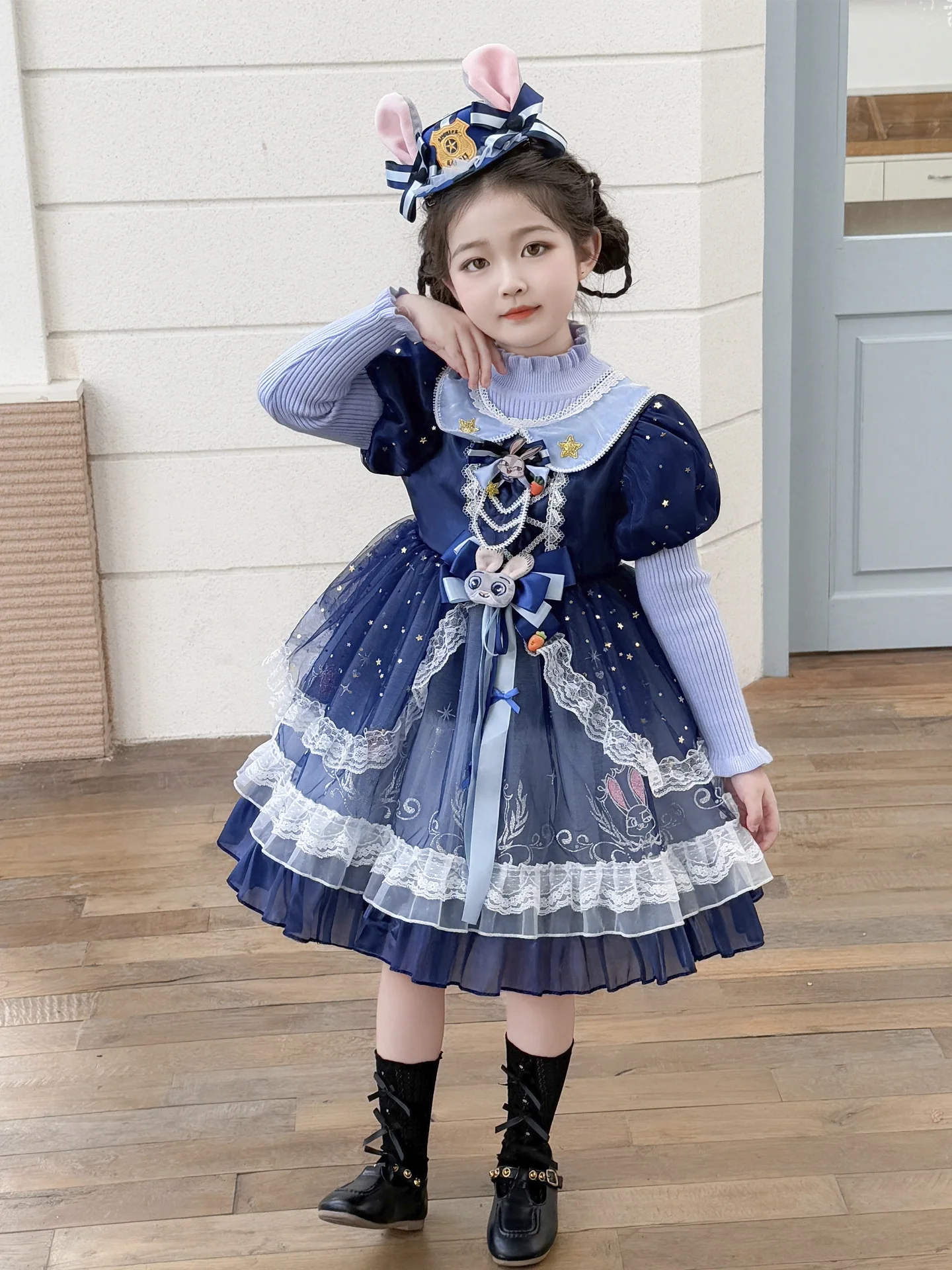 

Disney Girls' Dress Autumn/Winter Rabbit Police Officer Children's Sweater Skirt Soft Comfortable Knitted Princess Skirt New