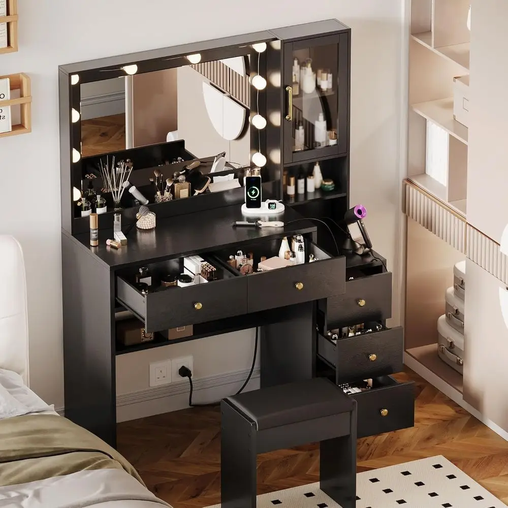 Makeup Vanity with Lights & Charging Station, Black Vanity Table with 5 Ders & Open Storage Shelves, Vanity Desk with Mirror & L