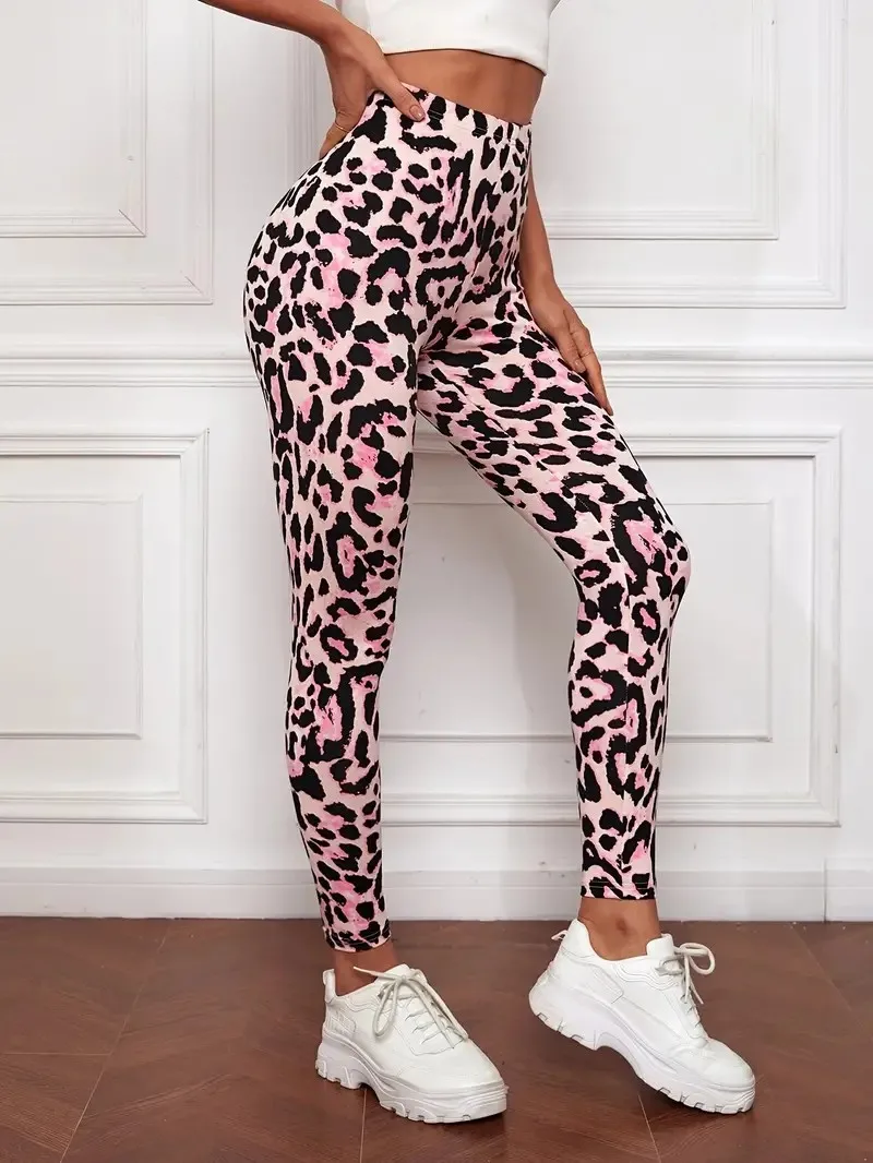 Women\'s Sexy Pink Leopard Print Leggings Long Slim Fitting Fashionable Leggings Outdoor Sports Casual Leggings