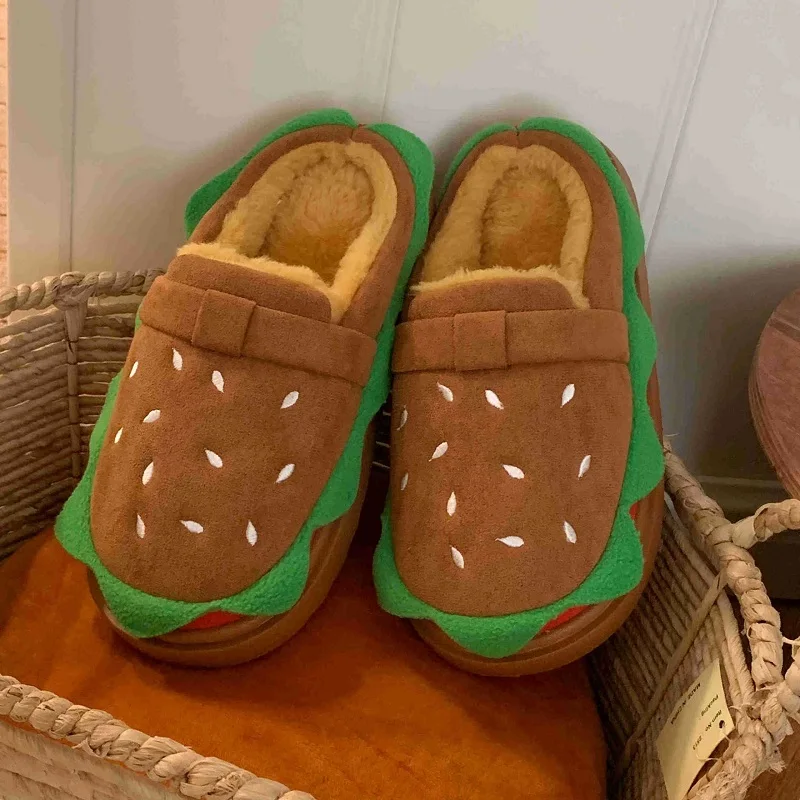 New novelty burger flippers fleece slides shoes for women winter warm fuzzy funny slippers adults hamburger shoes home slipper