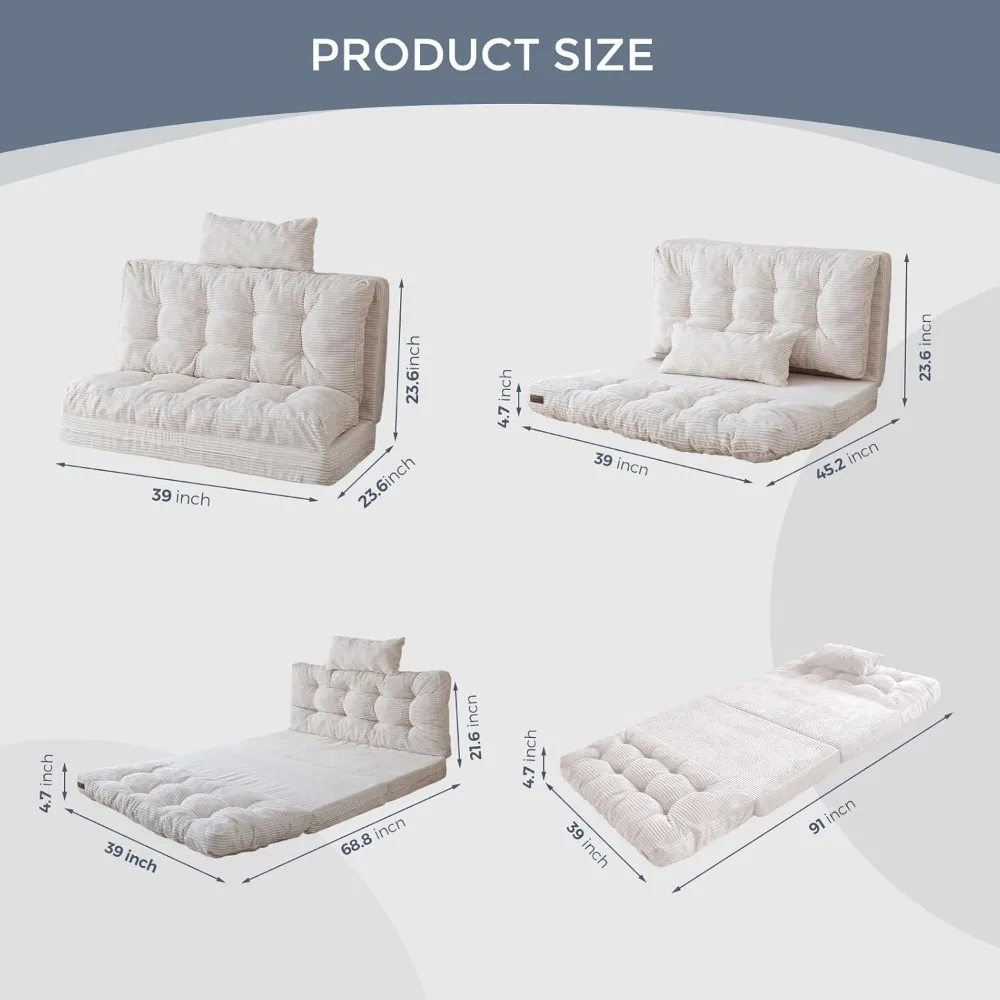 Bean Bag Bed Tufted Folding Sofa Bed with Pillows Floor Mattress for Adults, Extra Thick and Long Floor Sofa