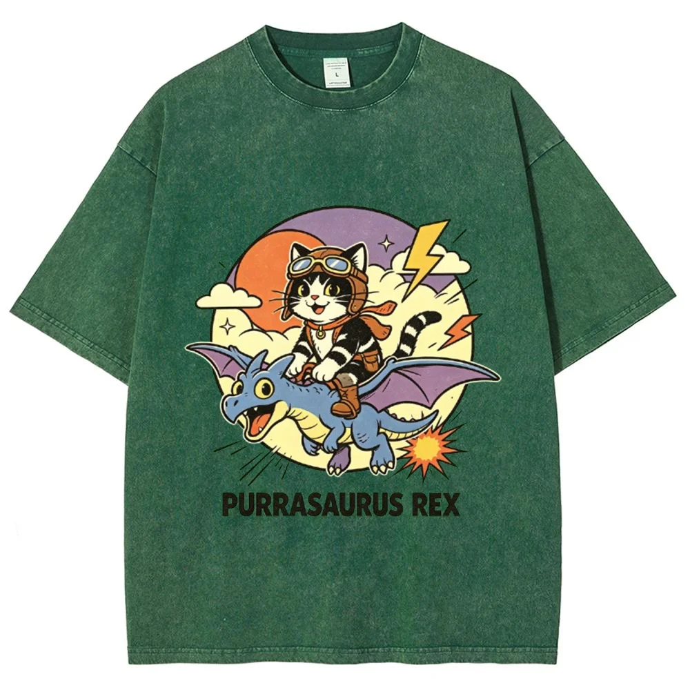 Vintage Graphic Tee Men Women Purrasaurus Rex Pilot Cat Riding Flying Dragon Retro Sky Lightning Funny Cartoon Short Sleeve