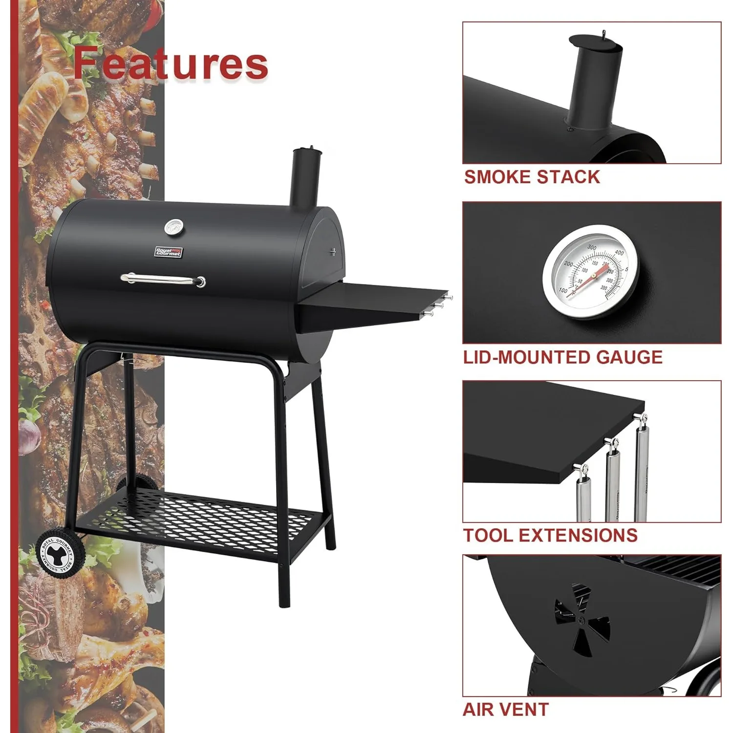 Imagem -06 - Charcoal Grill com Mesa Lateral 627 Polegadas Quadradas Quintal ao ar Livre Pátio e Festas Preto Cc1830 30-black