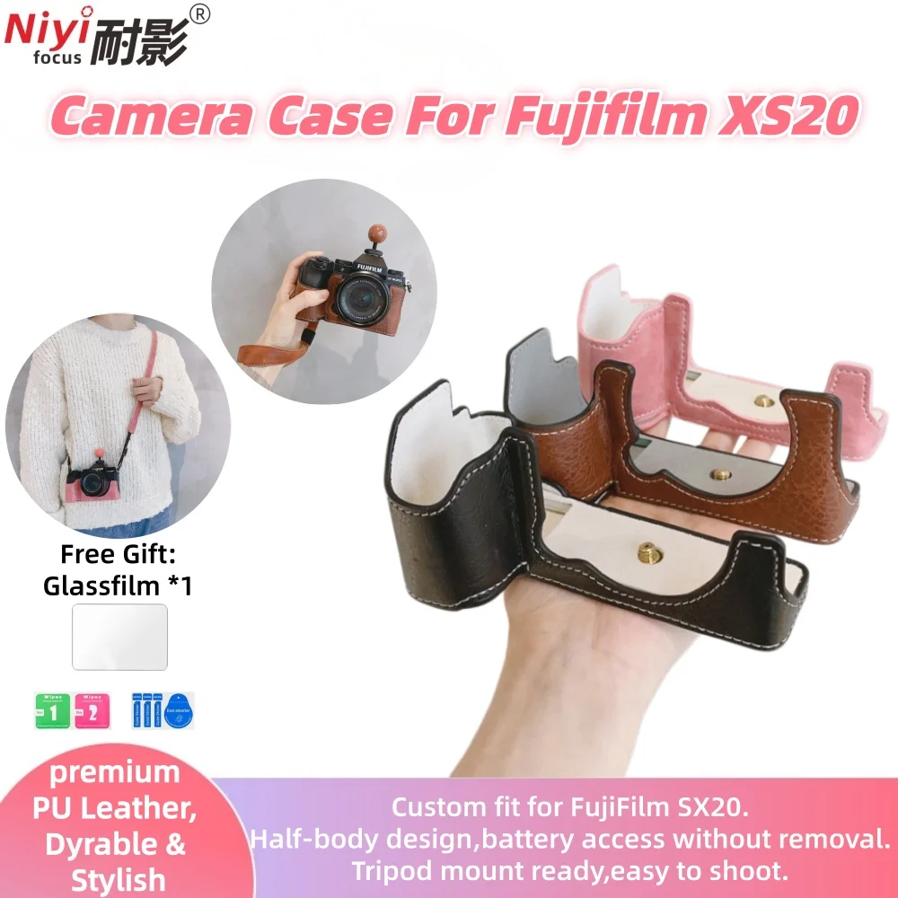 

PU Leather Half Camera Case for Fujifilm X-S20 XS20, Protective Base Cover with Hand Grip, Tripod Mount & Battery Opening