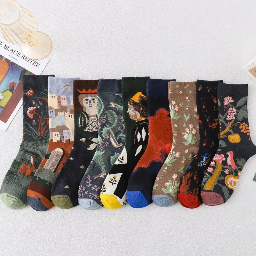 Calcetines de tubo medio para hombre y mujer, medias largas de algodón con personalidad, pintura al óleo, nueva tendencia francesa