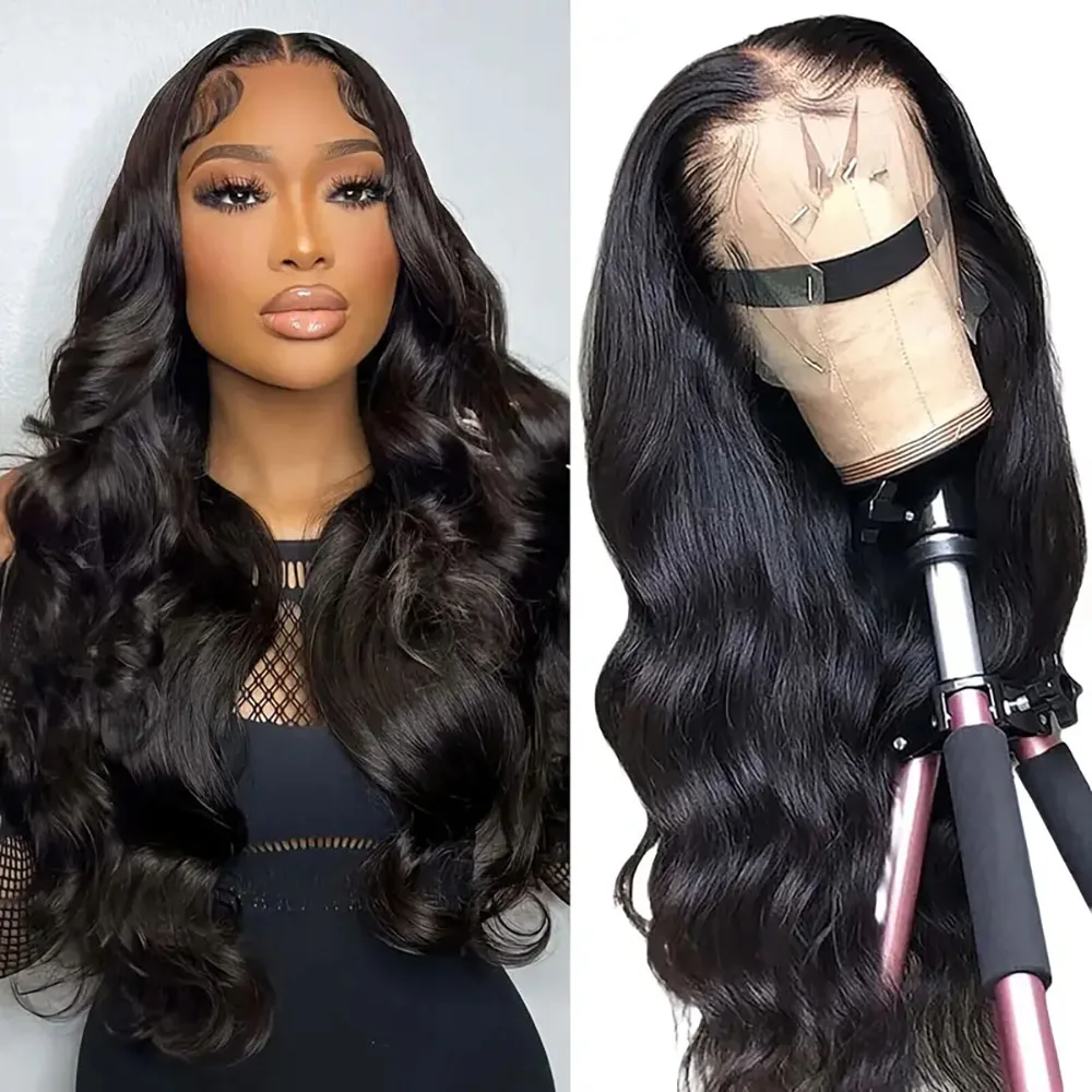 Peruki Body Wave z ludzkich włosów o gęstości 200%, peruki typu lace front 13x4, wstępnie wyskubane peruki dla kobiet, naturalny kolor.