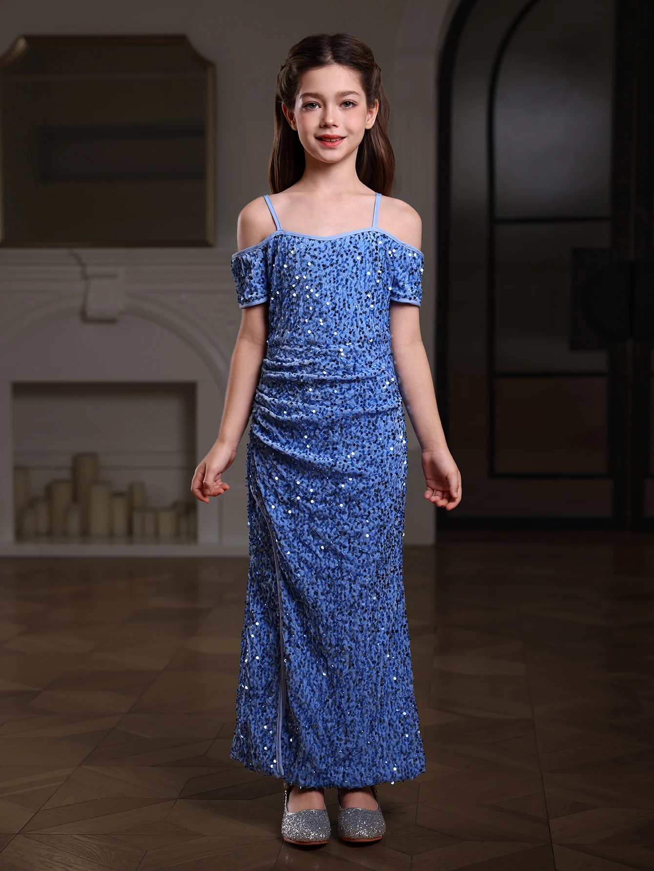 Shimmering Girls Sequin Gown -  Boat Neck Split Fish Tail Wrap Hip Skirt for party - Fashionable Evening Dress for Celebrations